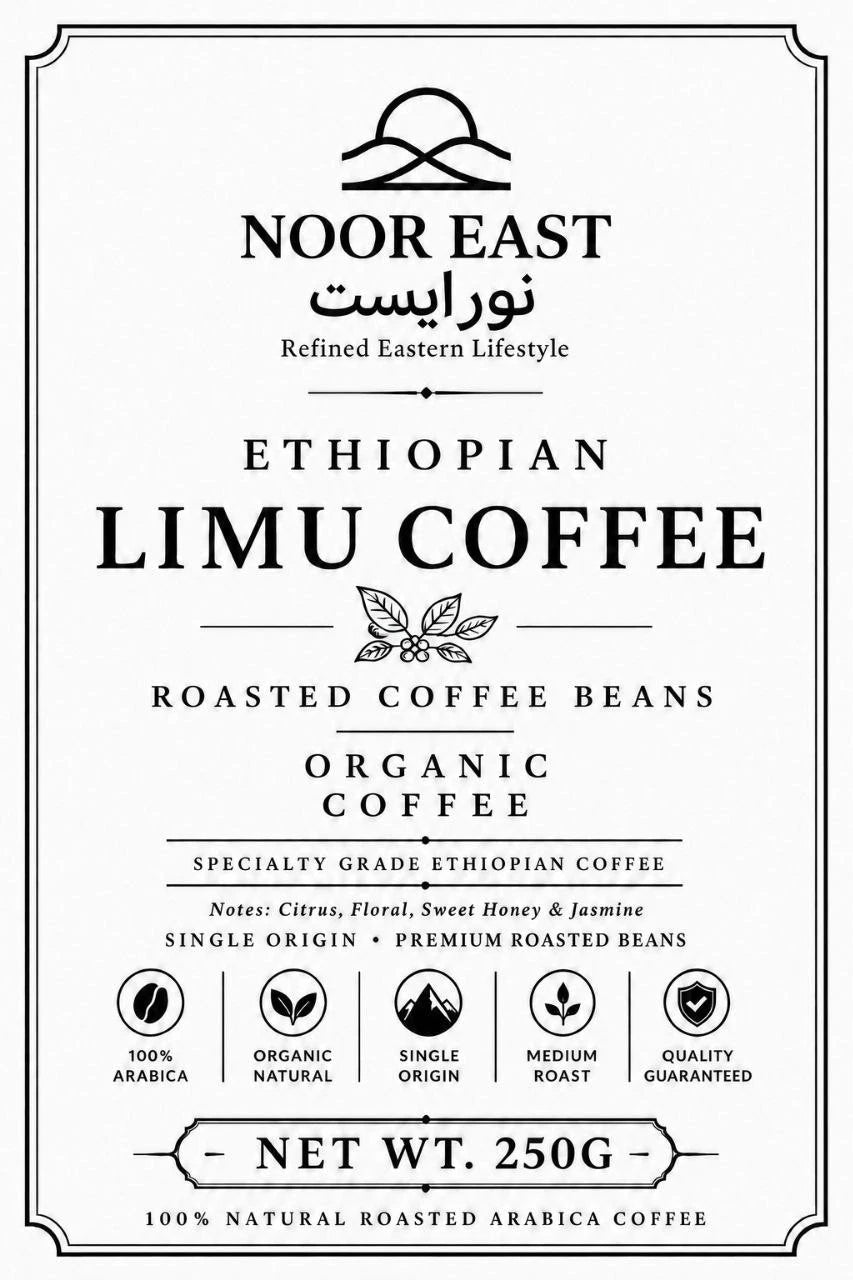 Label of Noor East Ethiopian Limu Coffee with black text on a white background