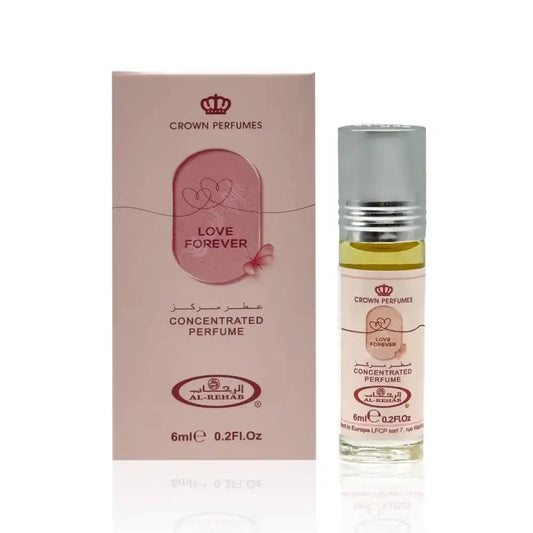 Love forever concentrated perfume oil in a clear glass rollerball bottle with silver cap and pink label 6ml by al rehab