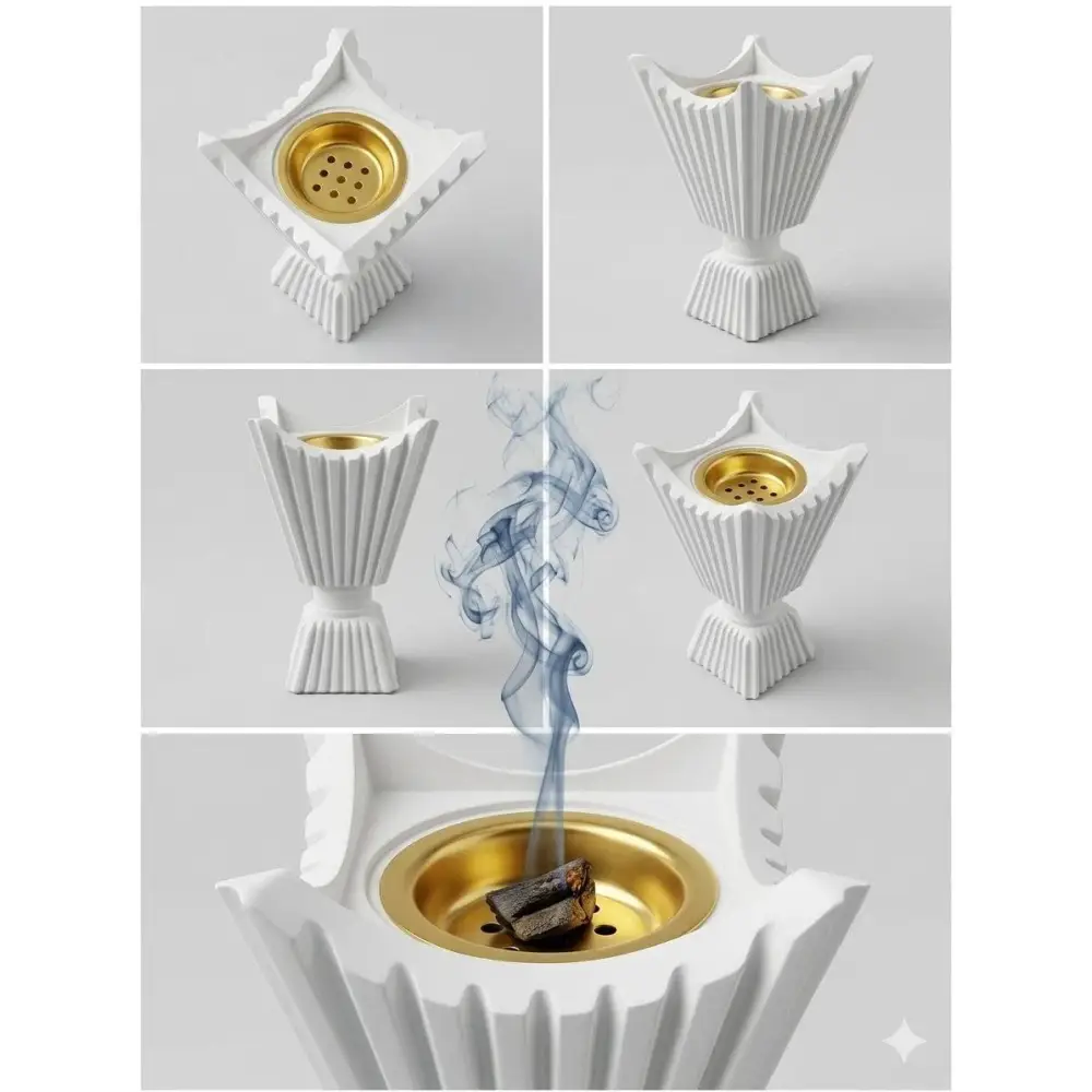 Luxury bakhoor incense burner set white ceramic with gold interior and fluted fan-like design for bakhoor incense