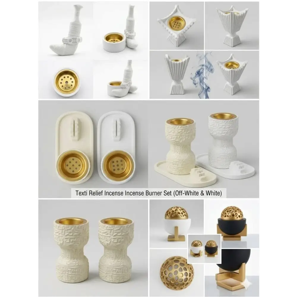 Luxury bakhoor incense burner set in off-white ceramic with gold interiors and intricate carved patterns for elegant use