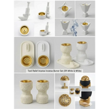 Luxury bakhoor incense burner set in off-white ceramic with gold interiors and intricate carved patterns for elegant use