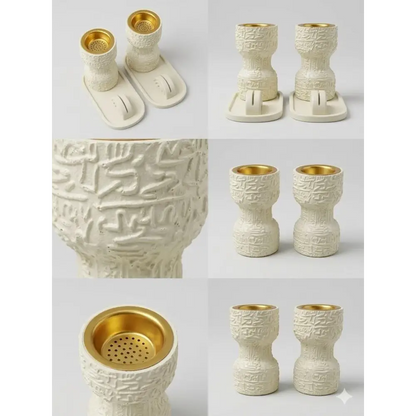 White ceramic luxury bakhoor incense burner with gold interior and intricate arabic script embossed design