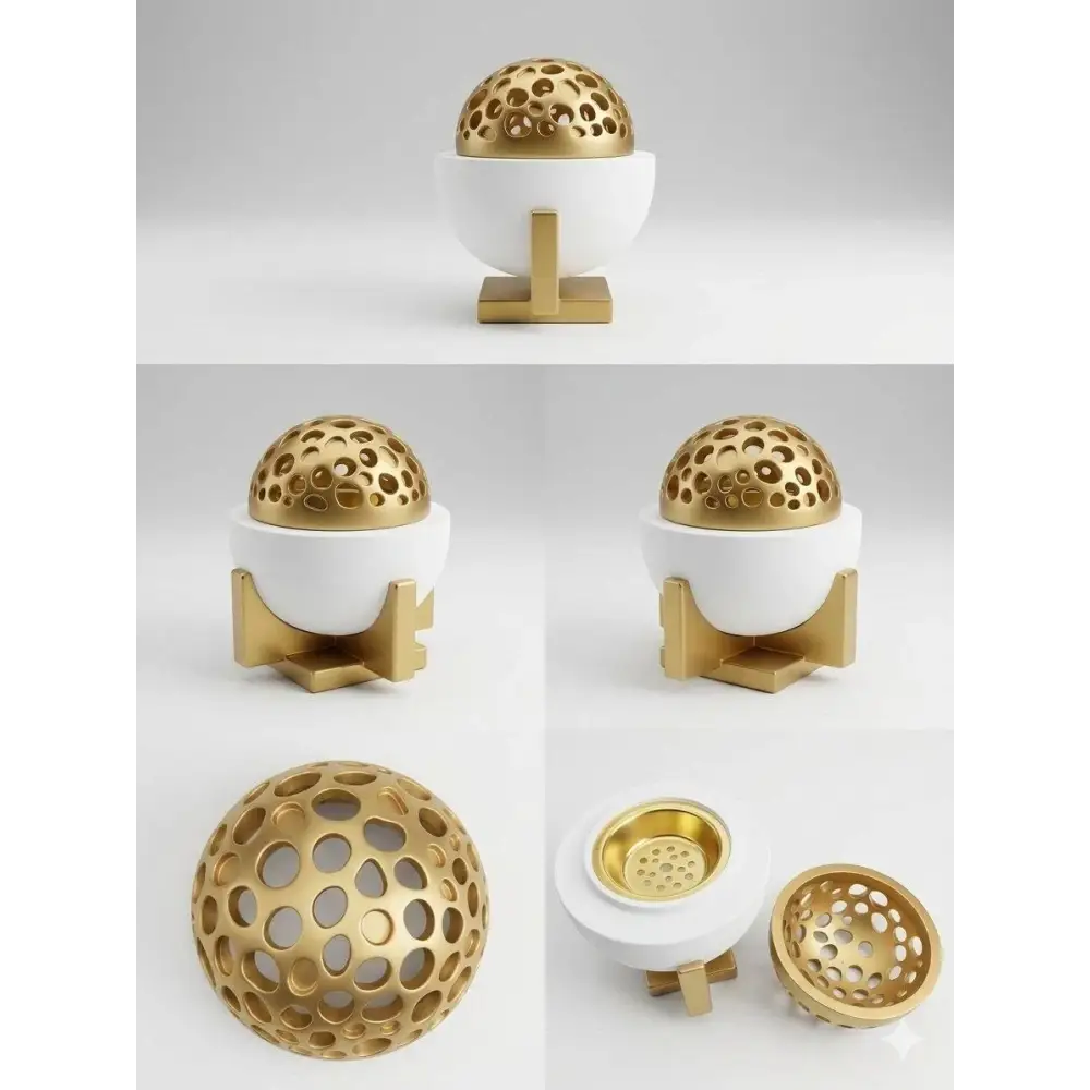 Luxury bakhoor incense burner with gold perforated spherical ceramic oud holder and white ceramic base with gold stand