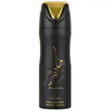 Black cylindrical perfumed body spray bottle with gold accents and arabic script labeled maahir by lattafa 200ml