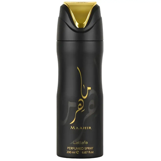 Black cylindrical perfumed body spray bottle with gold accents and arabic script labeled maahir by lattafa 200ml