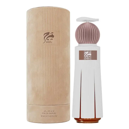 Perfume bottle and wooden box with a brand logo on a white background