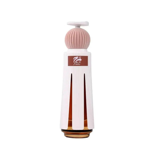 White and gold bottle with pink cap on a white background