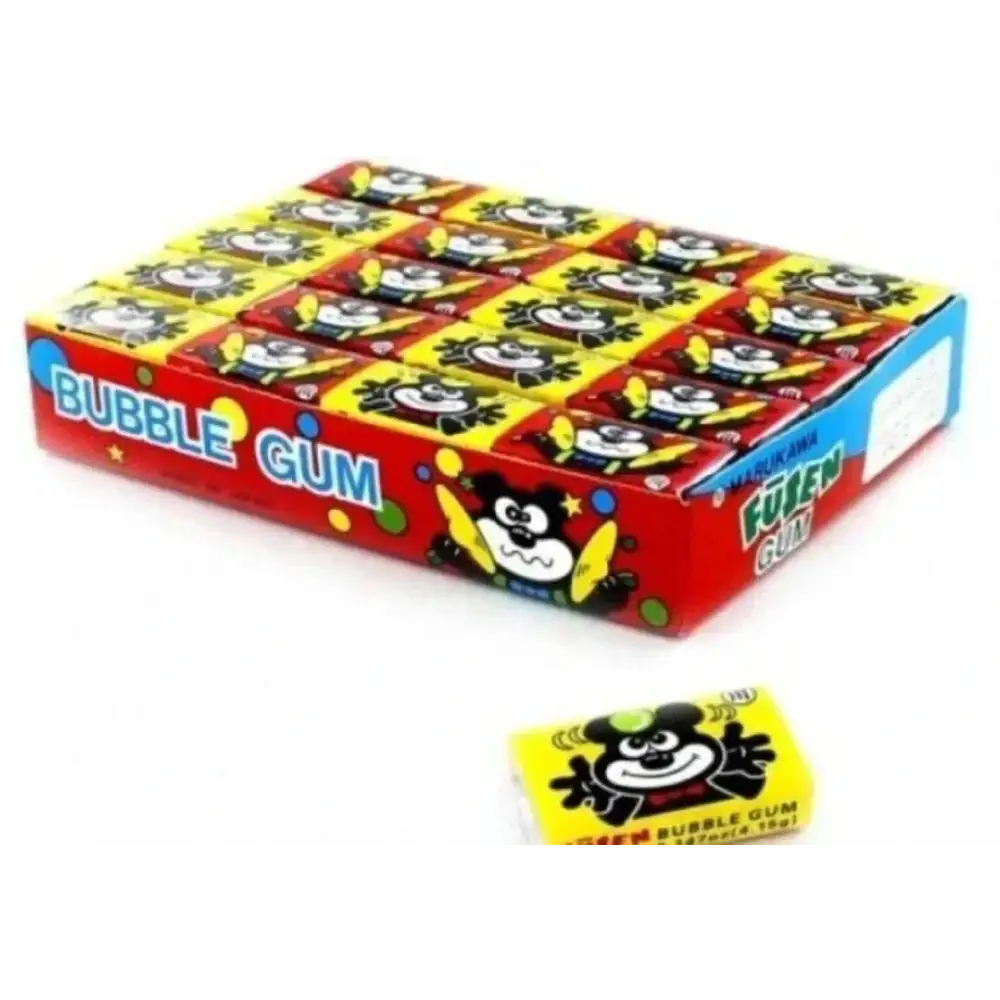 Red and yellow bulk box of marukawa cartoon chewing gum featuring a cartoon character design and assorted flavors