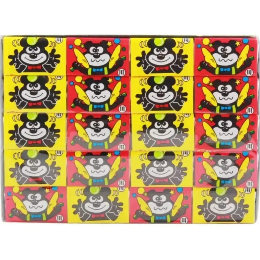Brightly colored marukawa cartoon chewing gum bulk box featuring cheerful black and white bears with yellow wings