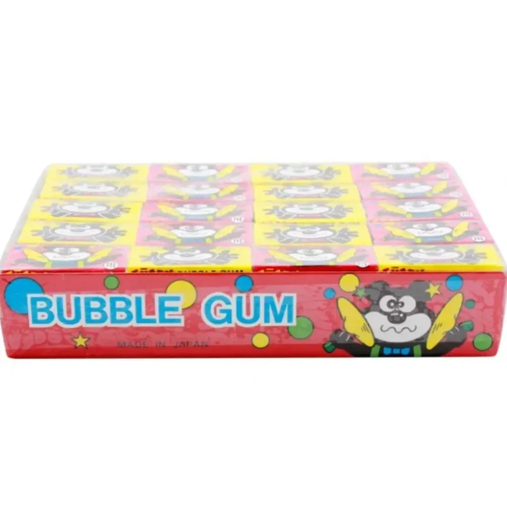 A vibrant red bulk box of marukawa cartoon chewing gum featuring a yellow-winged cartoon character and blue accents