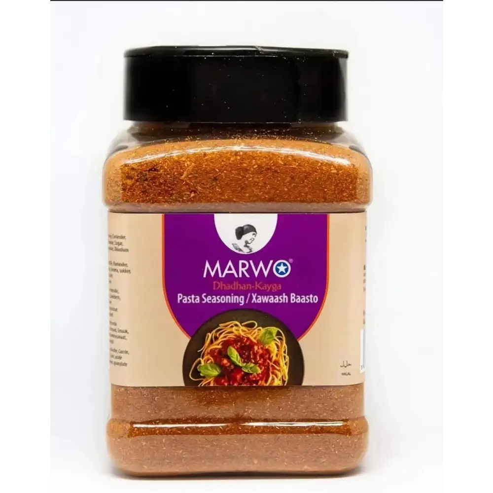 Marwo xawaash authentic somali spice in a clear jar with black lid containing orange-red powder for somali rice and pasta