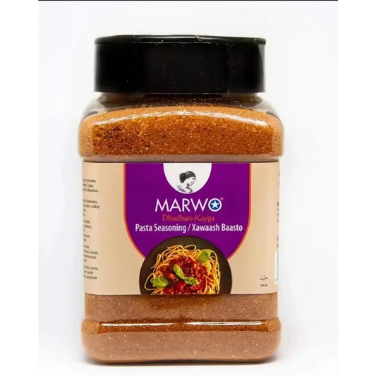 Marwo xawaash authentic somali spice in a clear jar with black lid containing orange-red powder for somali rice and pasta
