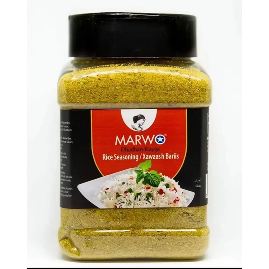 Marwo xawaash 230g authentic somali spice in a clear jar with black lid for somali rice and pasta seasoning