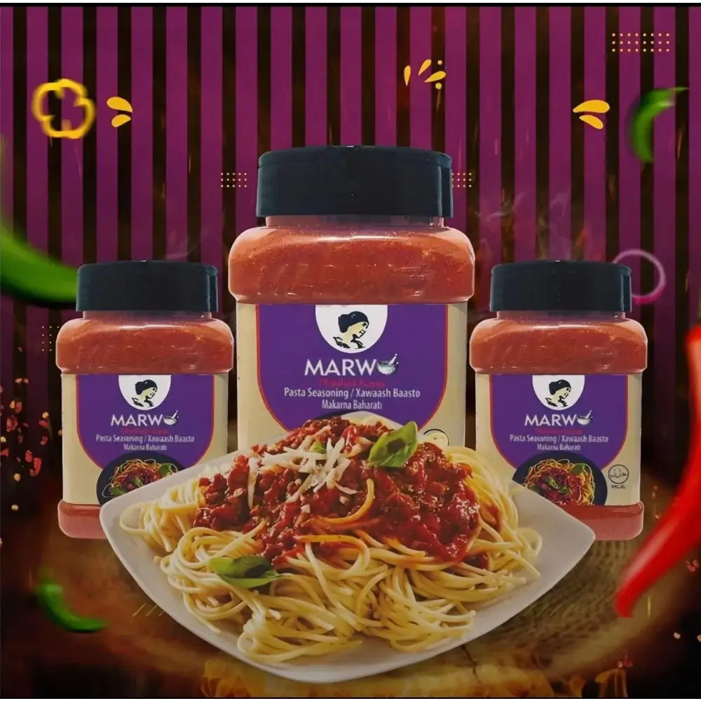 Three jars of marwo xawaash 230g authentic somali spice with black lids and purple labels for somali rice and pasta