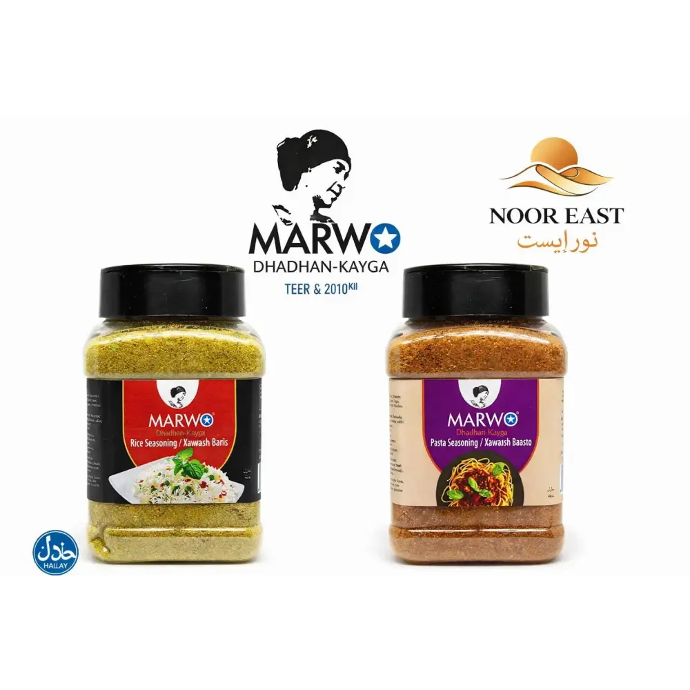 Two transparent spice jars with black lids labeled marwo xawaash containing authentic somali rice and pasta seasoning