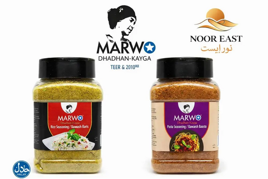 Two transparent spice jars with black lids labeled marwo xawaash containing authentic somali rice and pasta seasoning