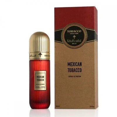 Red and gold perfume bottle with 'Mexican Tobacco' packaging on a white background