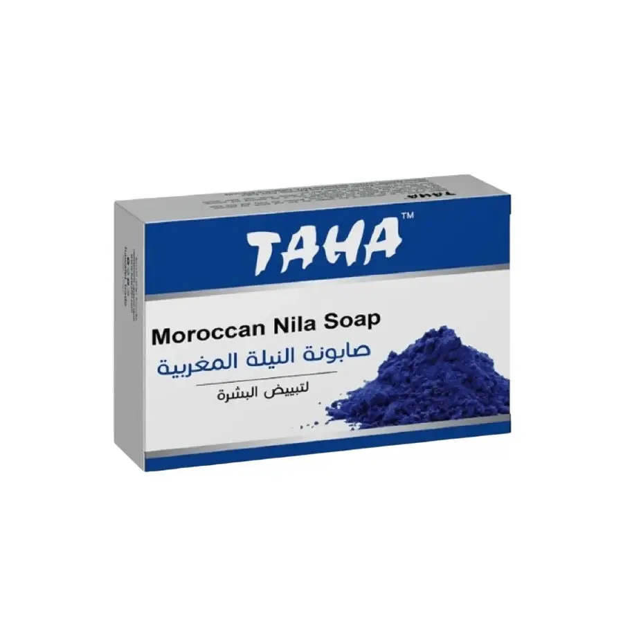 Blue moroccan nila soap 125g in a white and blue box with taha branding for glow and radiance skincare