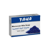Blue moroccan nila soap 125g in a white and blue box with taha branding for glow and radiance skincare