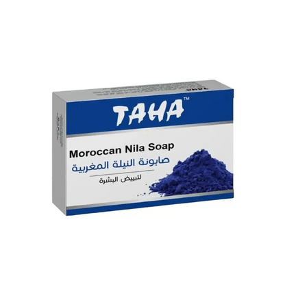 Blue moroccan nila soap 125g in a white and blue box with taha branding for glow and radiance skincare