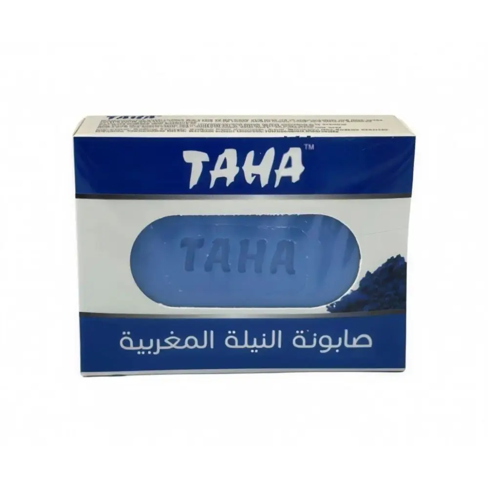 Blue taha soap bar in branded packaging for moroccan blue nila glow with authentic moroccan olive and rose water