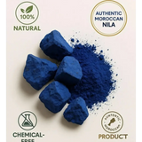 Moroccan blue nila soap and powder set for women featuring deep blue solid and fine powder with authentic moroccan olive and rose water