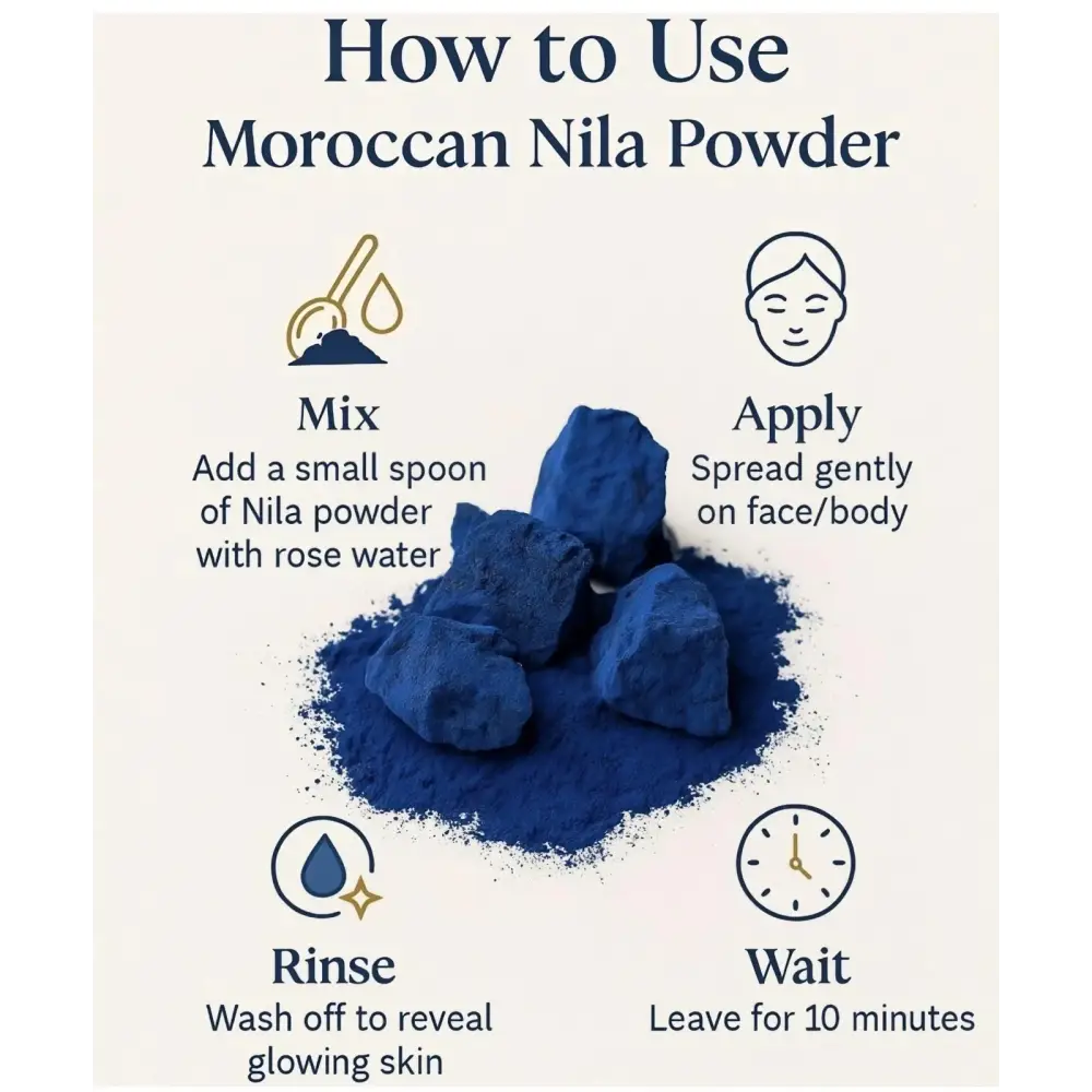 Deep blue moroccan nila powder in a loose pile with chunky stones for glow and radiance using authentic moroccan olive and rose water
