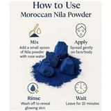 Deep blue moroccan nila powder in a loose pile with chunky stones for glow and radiance using authentic moroccan olive and rose water