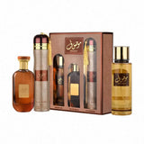 Set of Mouslf perfume bottles with a brown box on a white background