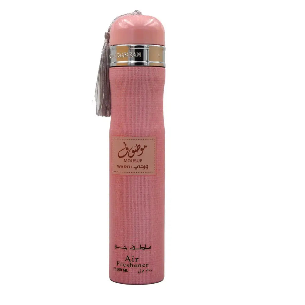 Pink textured Mousuf Wardi Air Freshener 300ml Ard Al Zaafaran with silver cap and tassel
