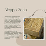 Advertisement for Aleppo Soap with text and soap image on a beige background