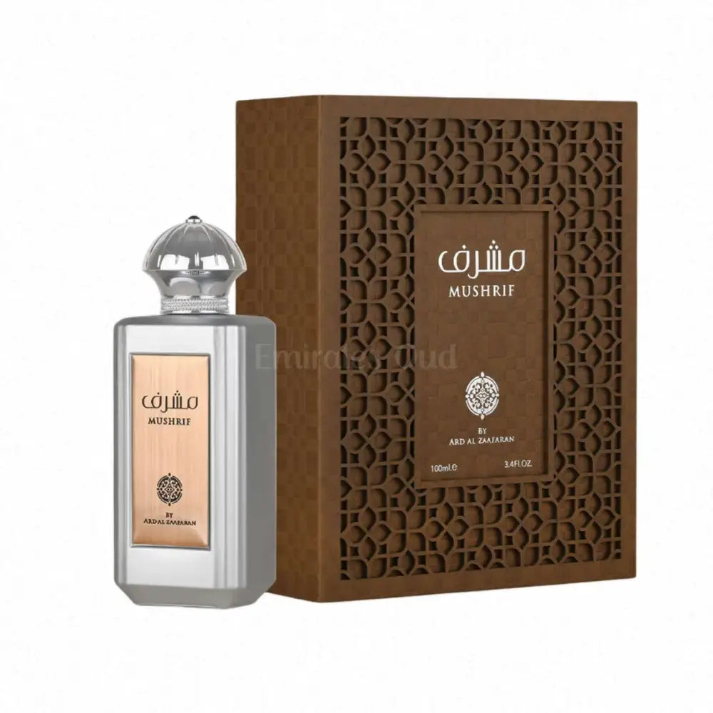 Silver rectangular perfume bottle with faceted glass stopper and gold label mushrif by ard al zaafaran featuring blood orange and orange blossom notes