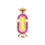 A decorative perfume bottle with a gold-tone metal frame and cap, featuring a bright yellow center, pink outer trim, and purple accents, set against a plain white background.Nada Al Ghadeer – Fruity Floral Perfume Oil 20ml – Nabeel