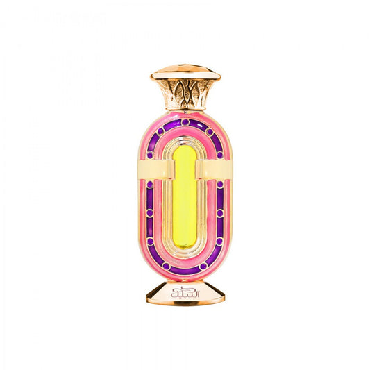 A decorative perfume bottle with a gold-tone metal frame and cap, featuring a bright yellow center, pink outer trim, and purple accents, set against a plain white background.Nada Al Ghadeer – Fruity Floral Perfume Oil 20ml – Nabeel