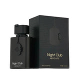 Black rectangular matte perfume bottle with silver logo night club absolute edp 100ml and matching box by fragrance world