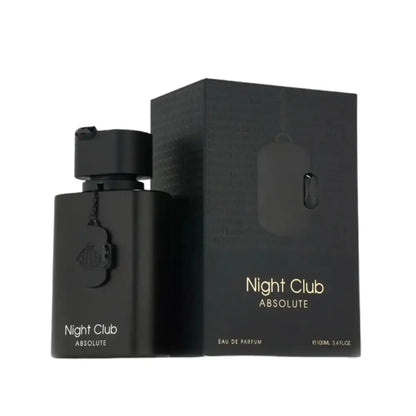 Black rectangular matte perfume bottle with silver logo night club absolute edp 100ml and matching box by fragrance world