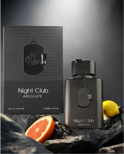 Black matte-finish night club absolute perfume bottle with matching cap and engraved dog tag pendant by fragrance world