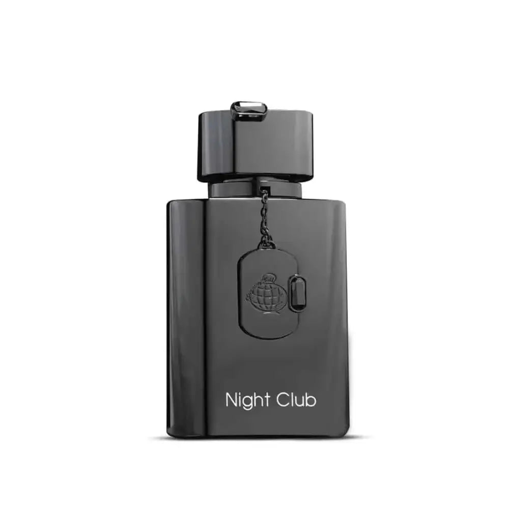 Black rectangular matte perfume bottle with engraved dog tag pendant labeled night club for fragrance world night club edp 100ml