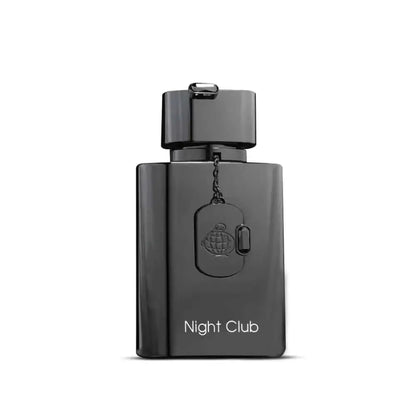 Black rectangular matte perfume bottle with engraved dog tag pendant labeled night club for fragrance world night club edp 100ml