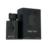 Black rectangular night club edp perfume bottle with matching cap and tag by fragrance world 100ml