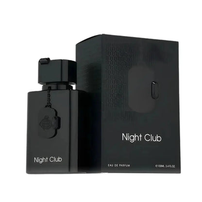 Black rectangular night club edp perfume bottle with matching cap and tag by fragrance world 100ml