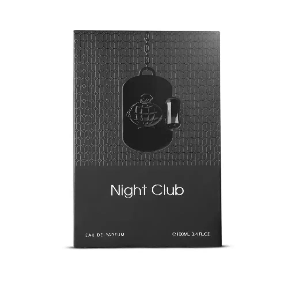 Night club edp by fragrance world is a black dog tag-shaped perfume bottle with glossy finish and embossed grenade design