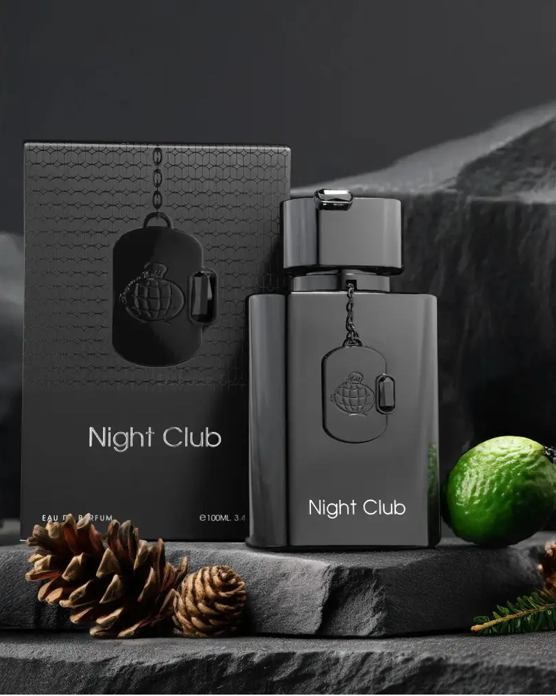 Black matte-finish night club edp perfume bottle with silver cap and engraved dog tag pendant by fragrance world