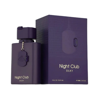 Deep purple rectangular perfume bottle night club silky edp 100ml with gold chain tag by fragrance world