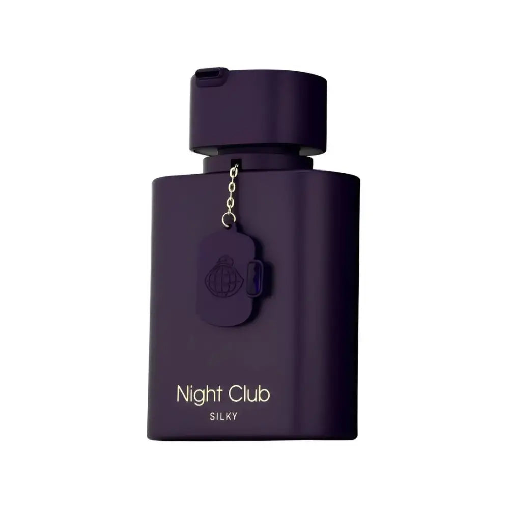 Deep purple rectangular night club silky perfume bottle with gold-tone chain and dog tag charm by fragrance world