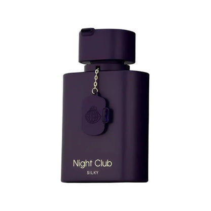 Deep purple rectangular night club silky perfume bottle with gold-tone chain and dog tag charm by fragrance world