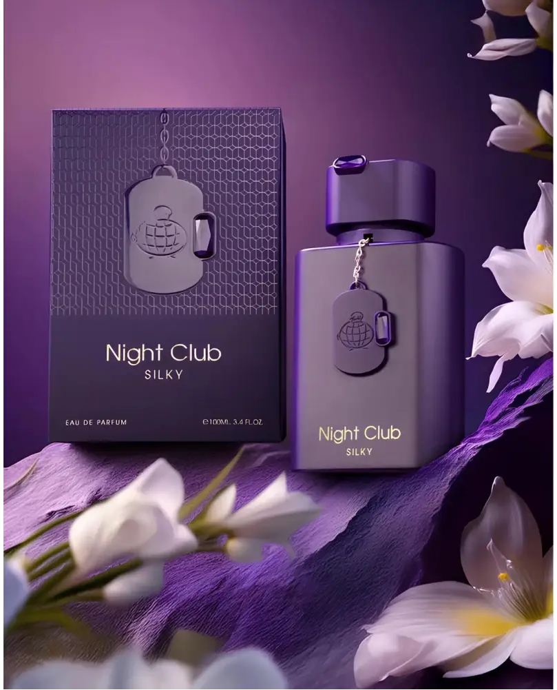 Purple metallic night club silky perfume bottle with matching cap and globe dog tag charm by Fragrance World EDP 100ml