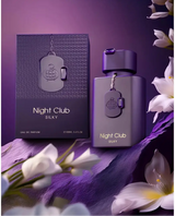 Purple metallic night club silky perfume bottle with matching cap and globe dog tag charm by Fragrance World EDP 100ml