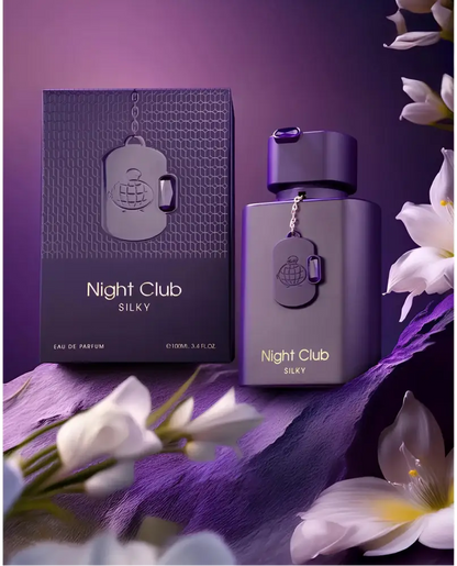 Purple metallic night club silky perfume bottle with matching cap and globe dog tag charm by Fragrance World EDP 100ml