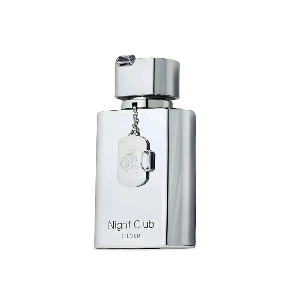 Silver perfume bottle labeled 'Night Club Silver' on a white background